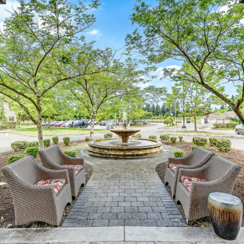 Patio area with fountain surrounded by trees and garden