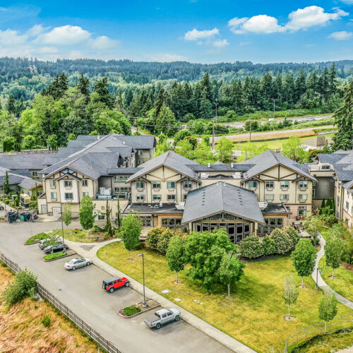 Aerial view of the community surrounded by trees and the mountains in the distance