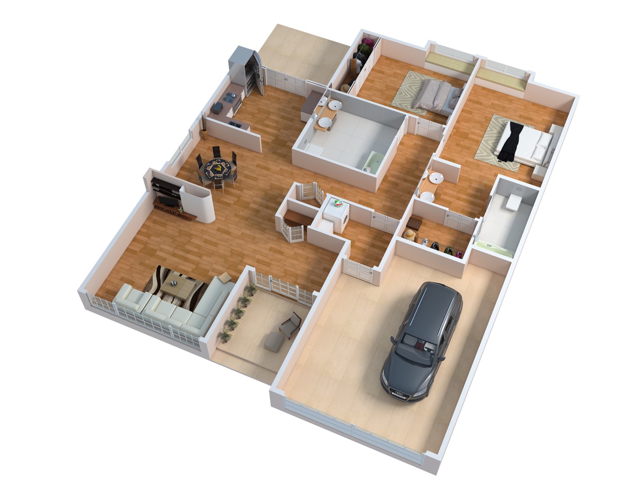 3D Floor plan of Meridian at Stone Creek Fir Cottage 2 Bedroom