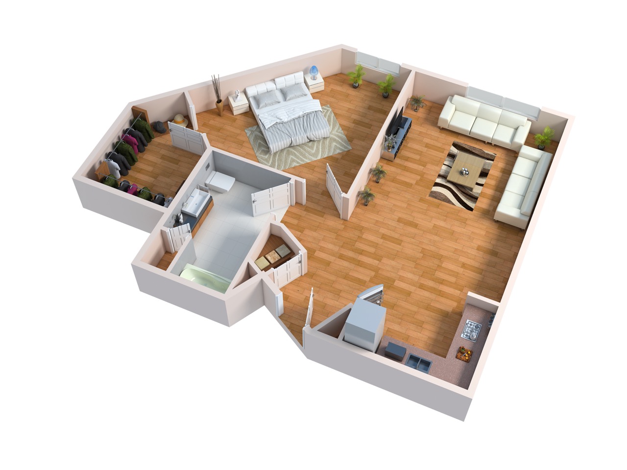 3D Floor plan of Meridian at Stone Creek Douglas 1 Bedroom Hawthorne 1 Bed