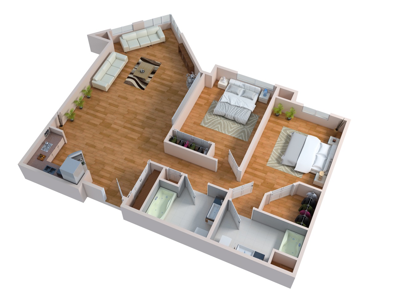 3D Floor plan of Meridian at Stone Creek Willow 2 Bedroom 2 Bath